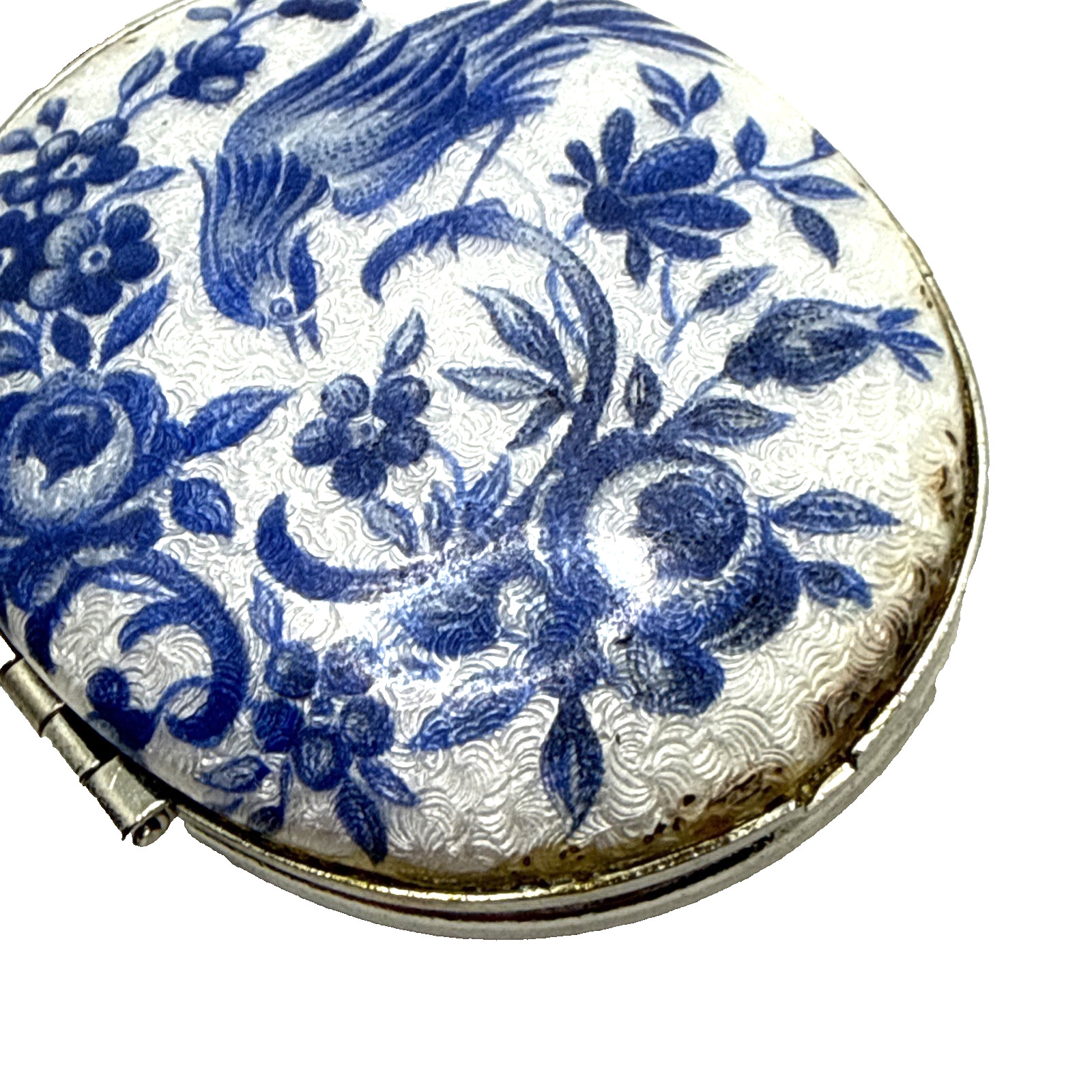 Vintage Guilloche Locket Blue White Enamel Bird of Paradise Floral 24″