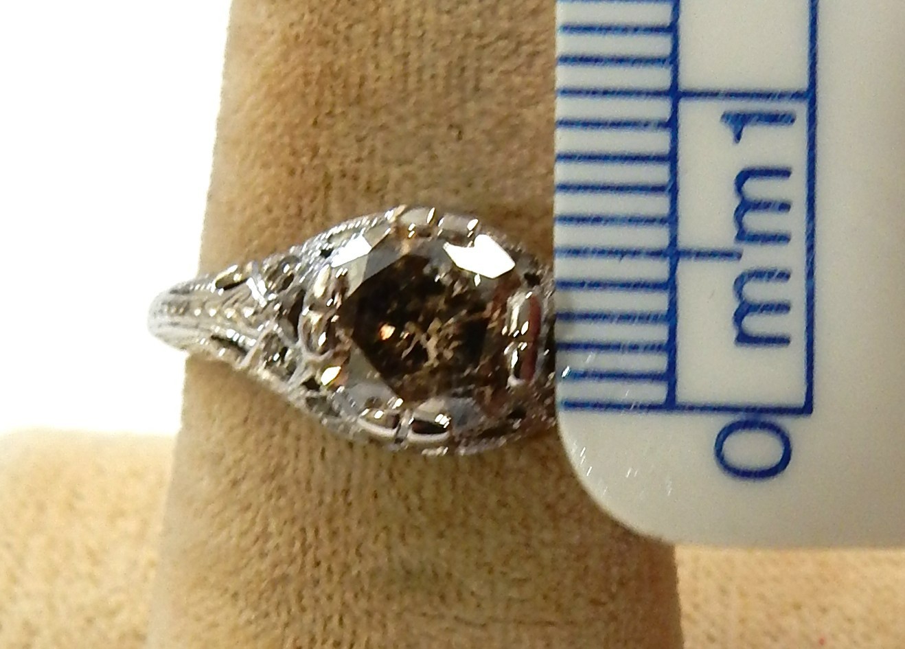 14K White Gold Filigree Ring 1.25Ct 7mm Round Champagne Diamond Solitaire