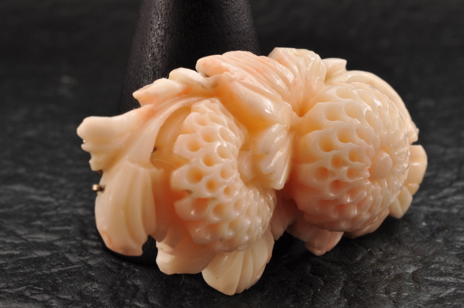 Vintage angel skin coral carved, “Chrysanthemum” and Certificate (total 83.0ct).