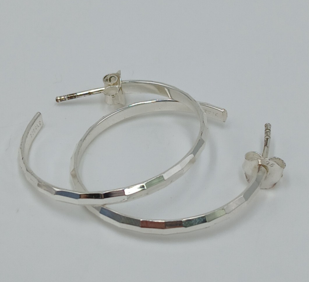 VTG FAS 925 Faceted Hoop Earrings 1.25in Sterling Silver 3g Classic Polished