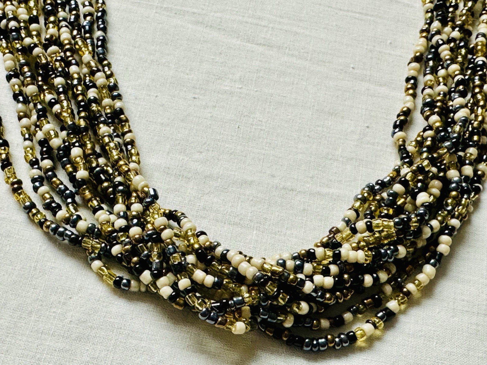 Vintage Black White Brown Seed Bead Multi Strand Torsade Necklace n0185