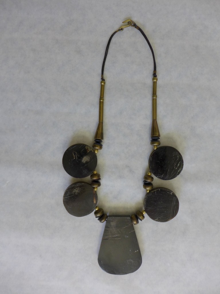 Estate Vintage Large Metal /Resin/Leather Cord Statement BOHO Tribal Necklace