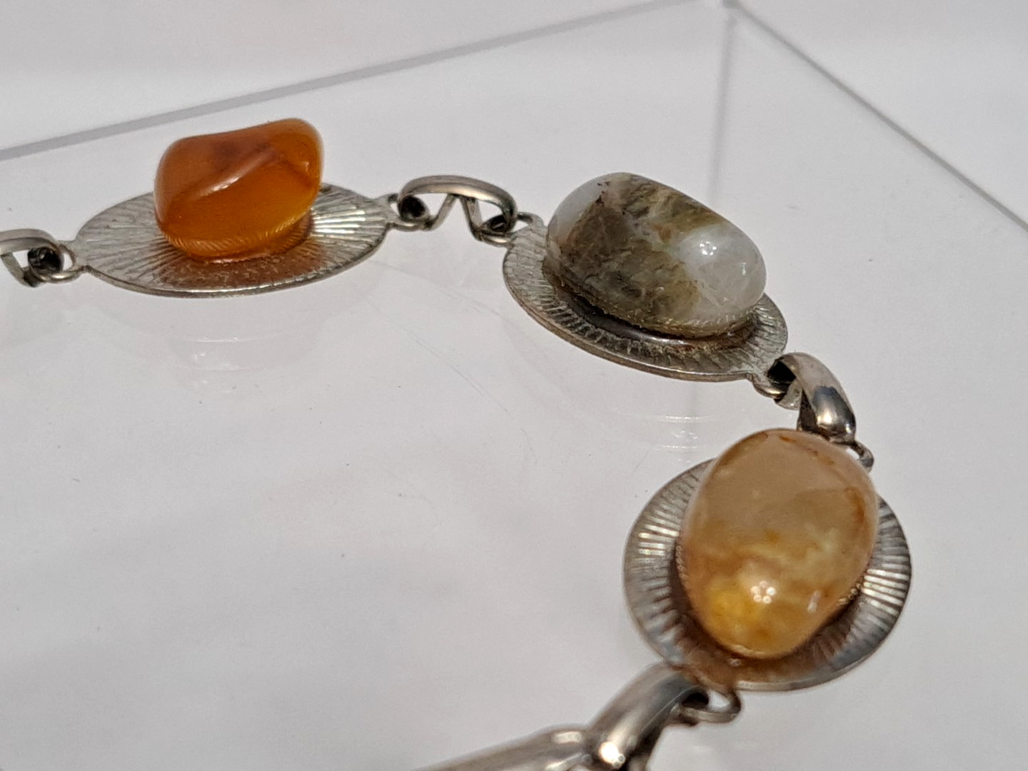 Vintage Silver Tone Tennis Bracelet Natural Precious Polished Stone Agates Color