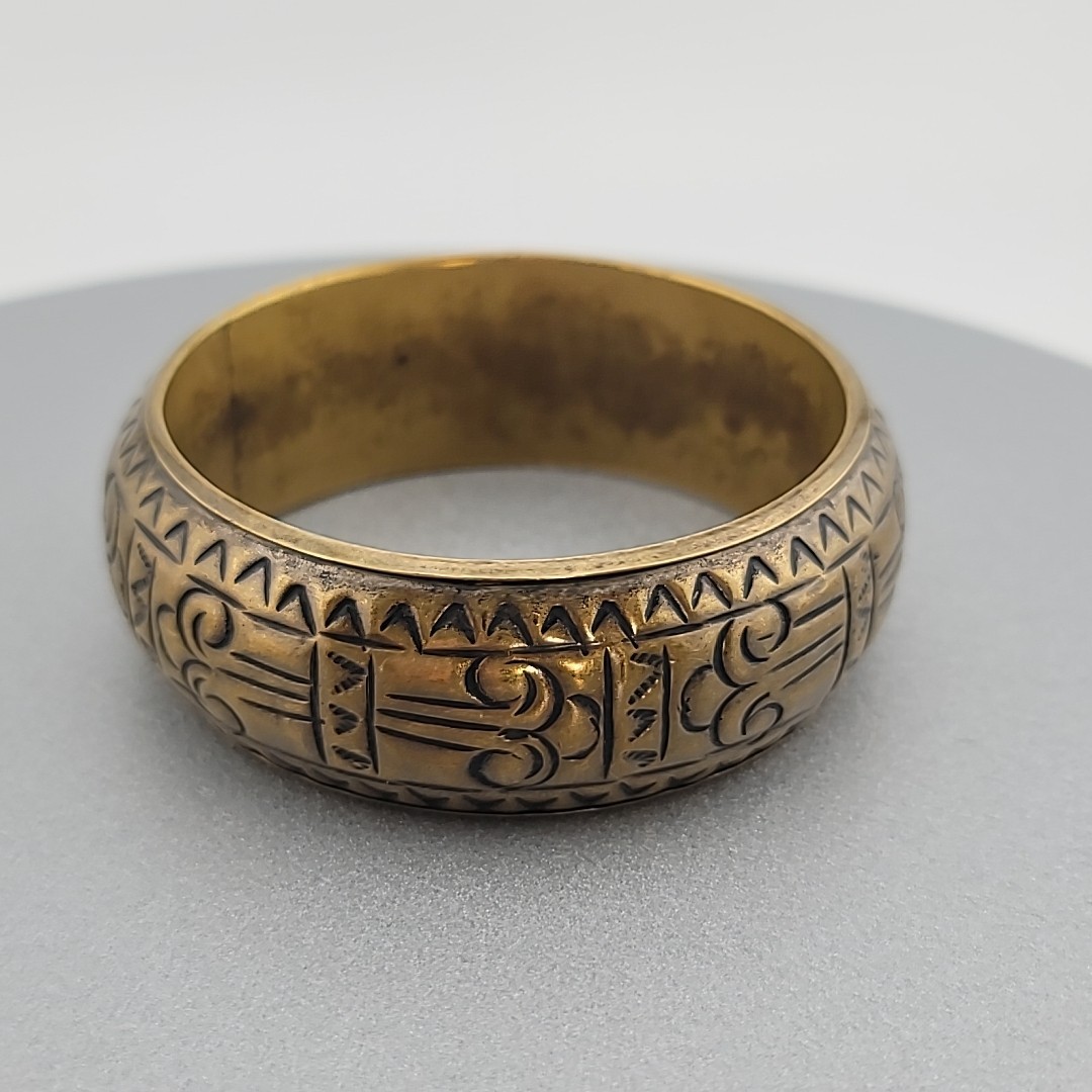 Vtg 8″ Bronze Tone Ethnic Pattern Puff Bangle Bracelet