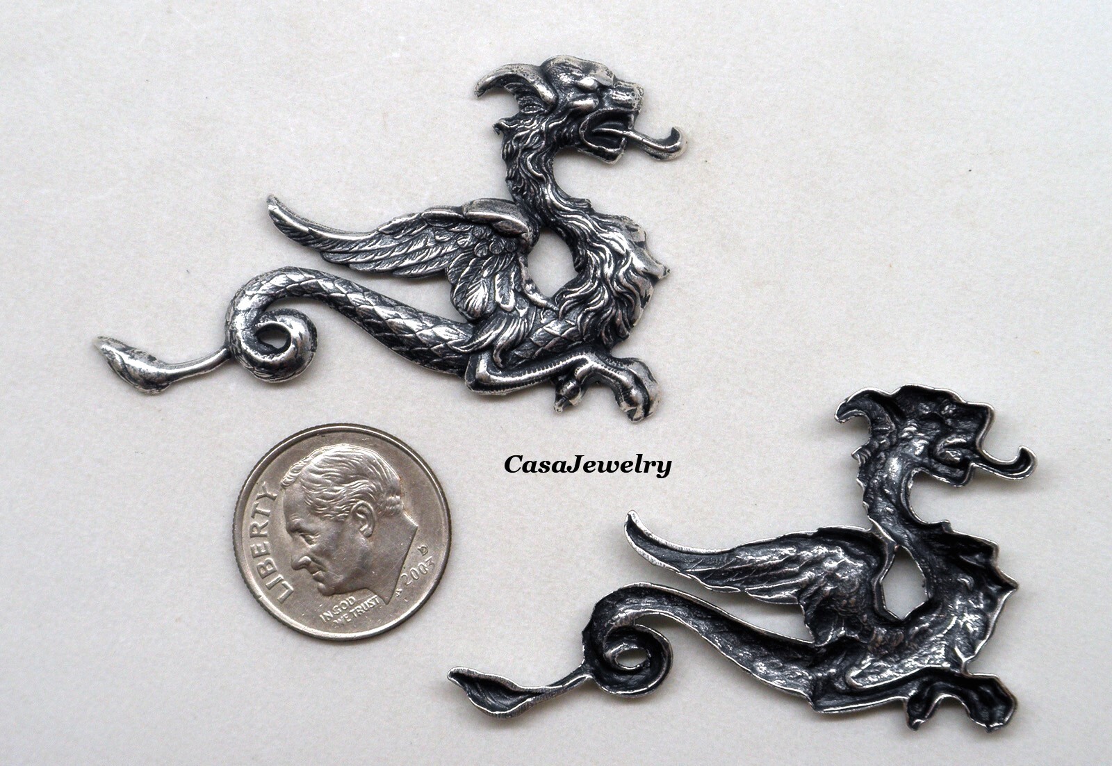 #1803 ANTIQUED STERLING SILVER PLATED MYTHICAL WINGED DRAGONS-L+R – 2 Pcs(1 PR)