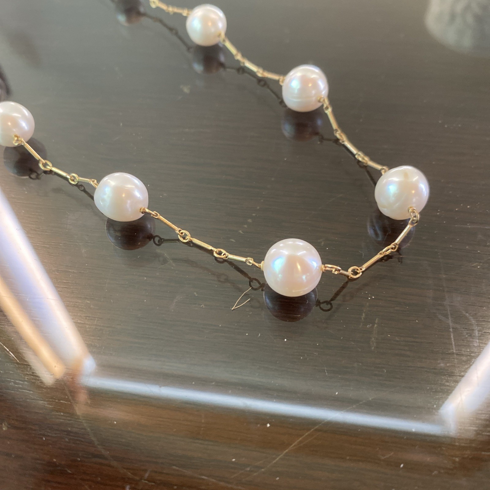 Pearl Station Necklace Bar Link Gold Tone 18″ Charm at Clasp Classic Formal