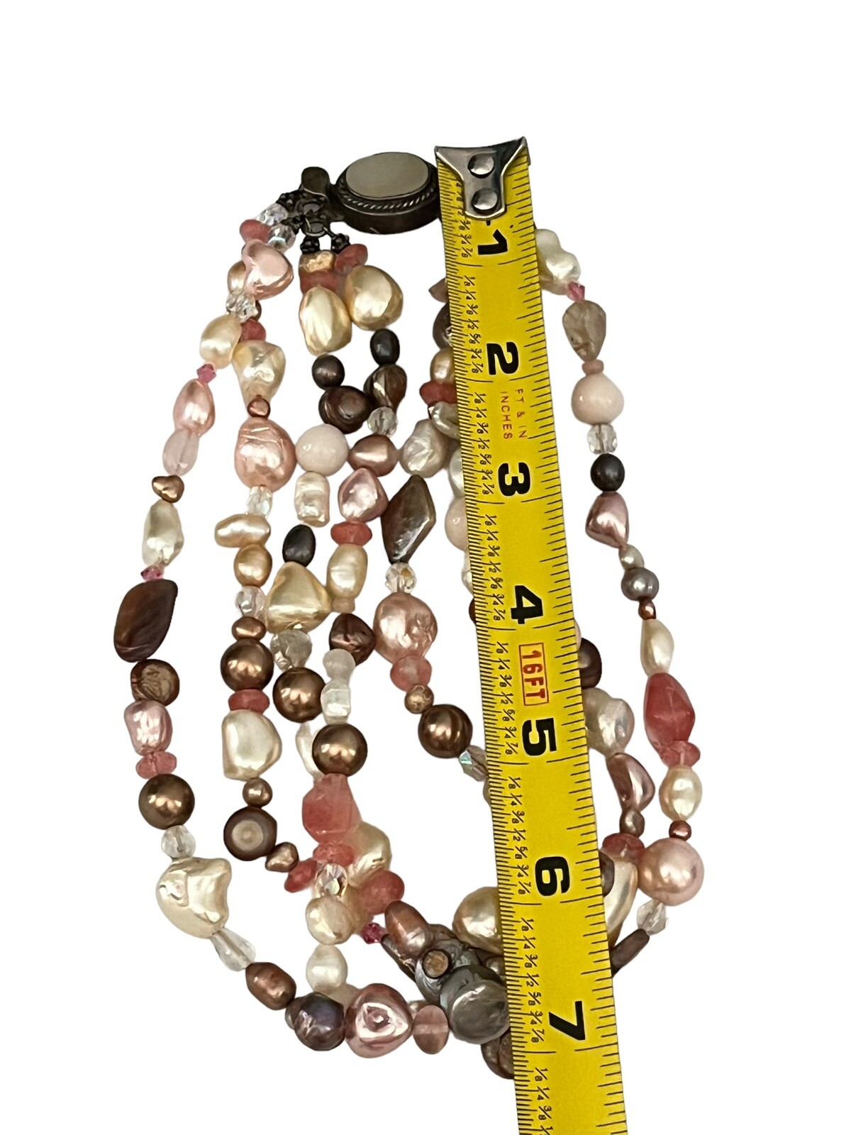 Vintage Faux Pearl Necklace 3 Strands Box Tab Clasp Made In India Pink Choker