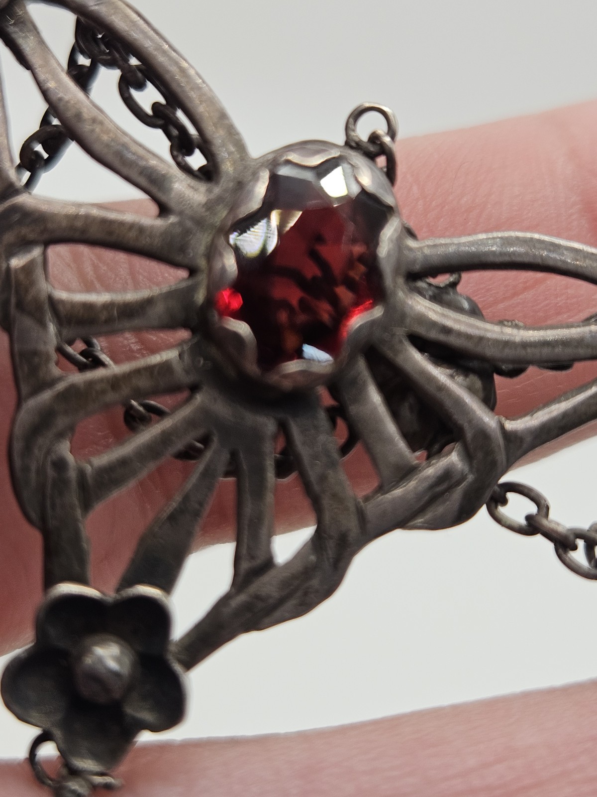Vintage Victorian Revival Festoon Sterling Red Garnet Flower Necklace As Is