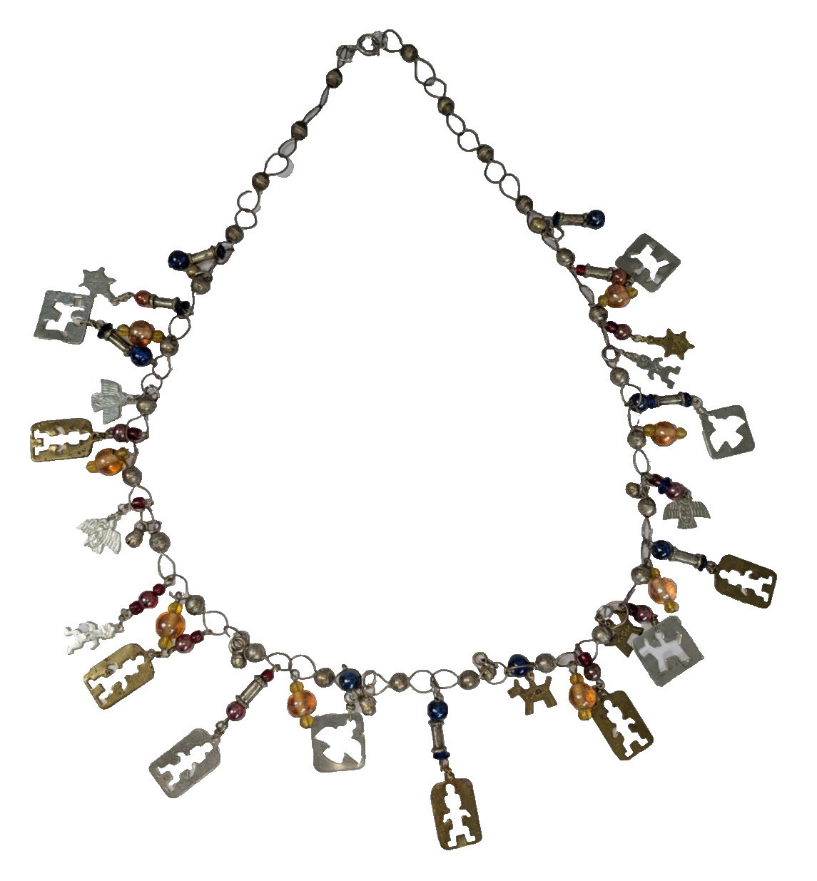 Vintage 70s Milagros Charm Necklace, Brass & Silver w/ Glass Beads, 26.5”