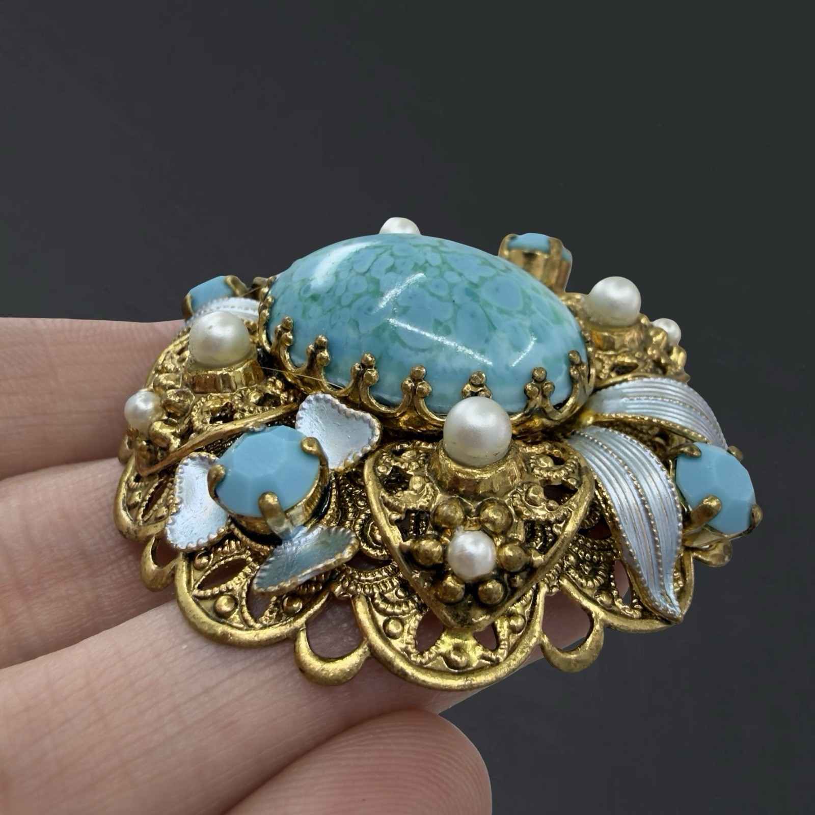 Vintage SIGNED 🖤 Western W Germany 🖤 Gold FILIGREE Turquoise Enamel BROOCH PIN