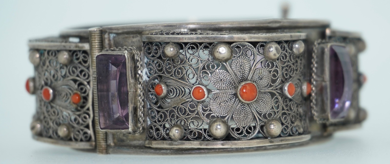 Vintage 800 Cannetille Coral & Amethyst Glass Bracelet
