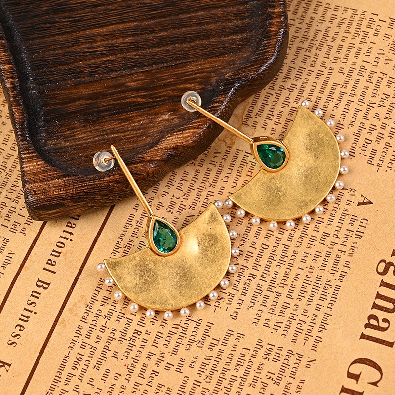 Vintage Dangle Earrings Palace Gold Fan Leaf Real Pearl Art Deco Jewelry
