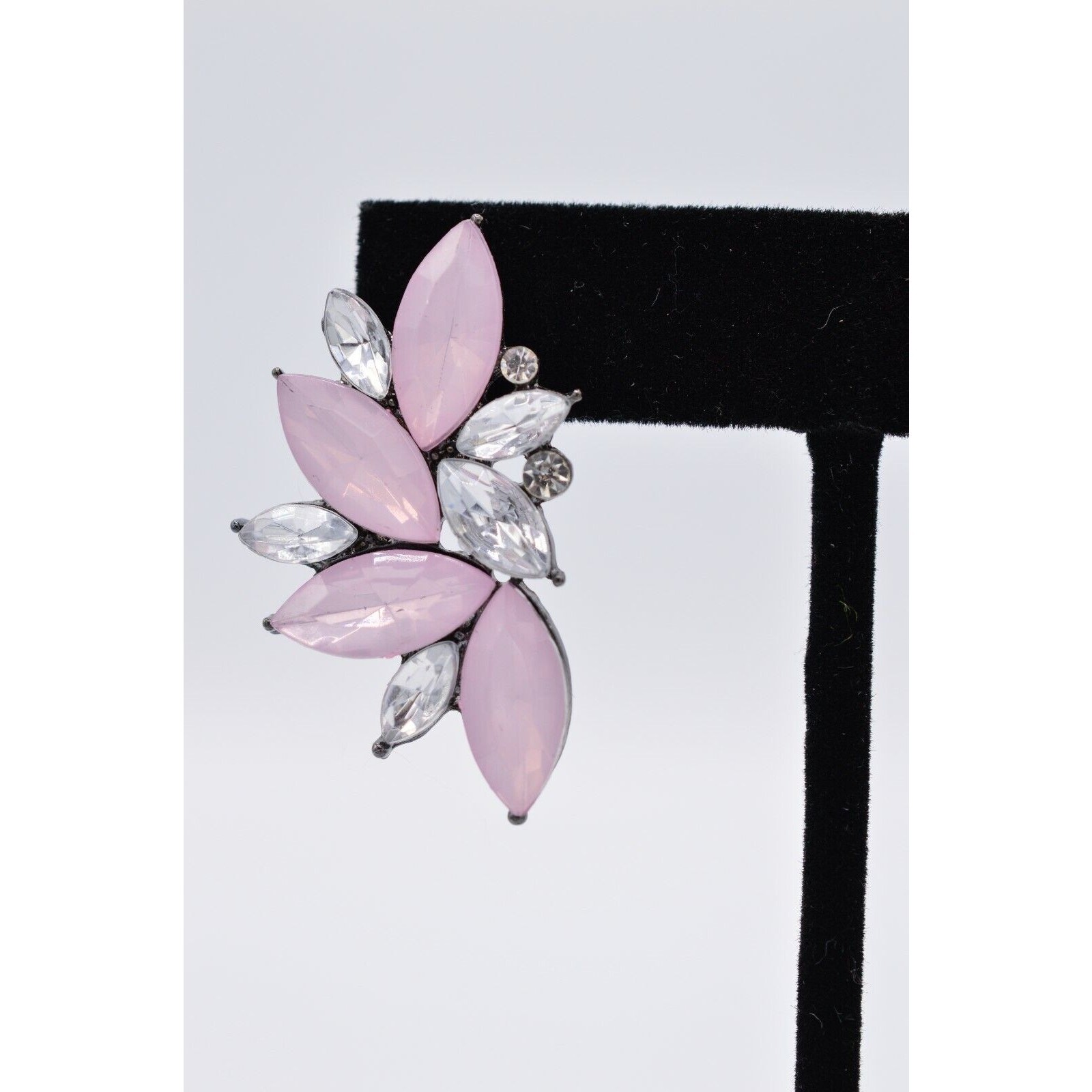 Statement Earrings Rhinestone Crystal Frosted Pink Lucite Marquis Gunmetal Bin4