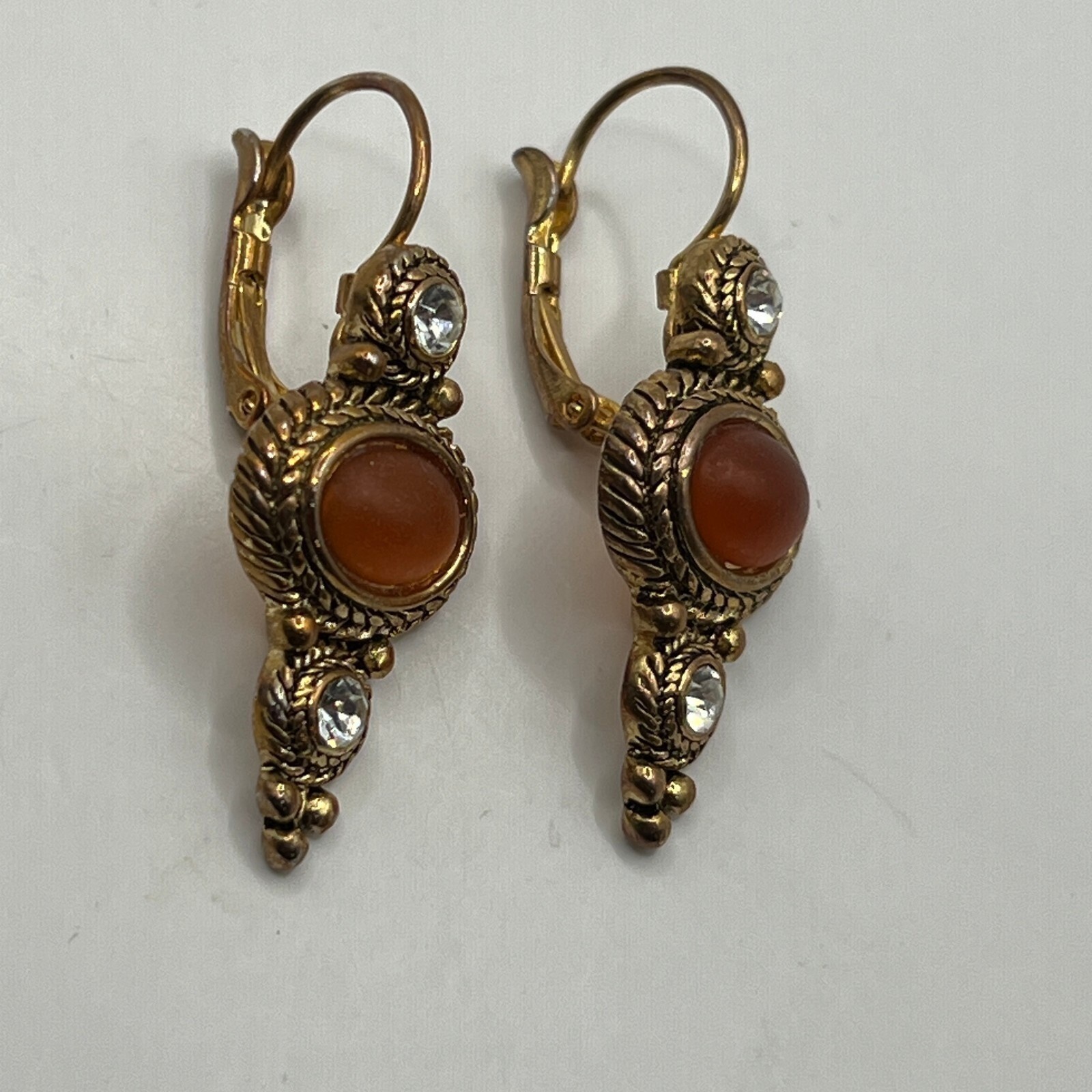 Vintage Pierced Dangle Earrings Clear Crystal Orange Acrylic Stone Drop