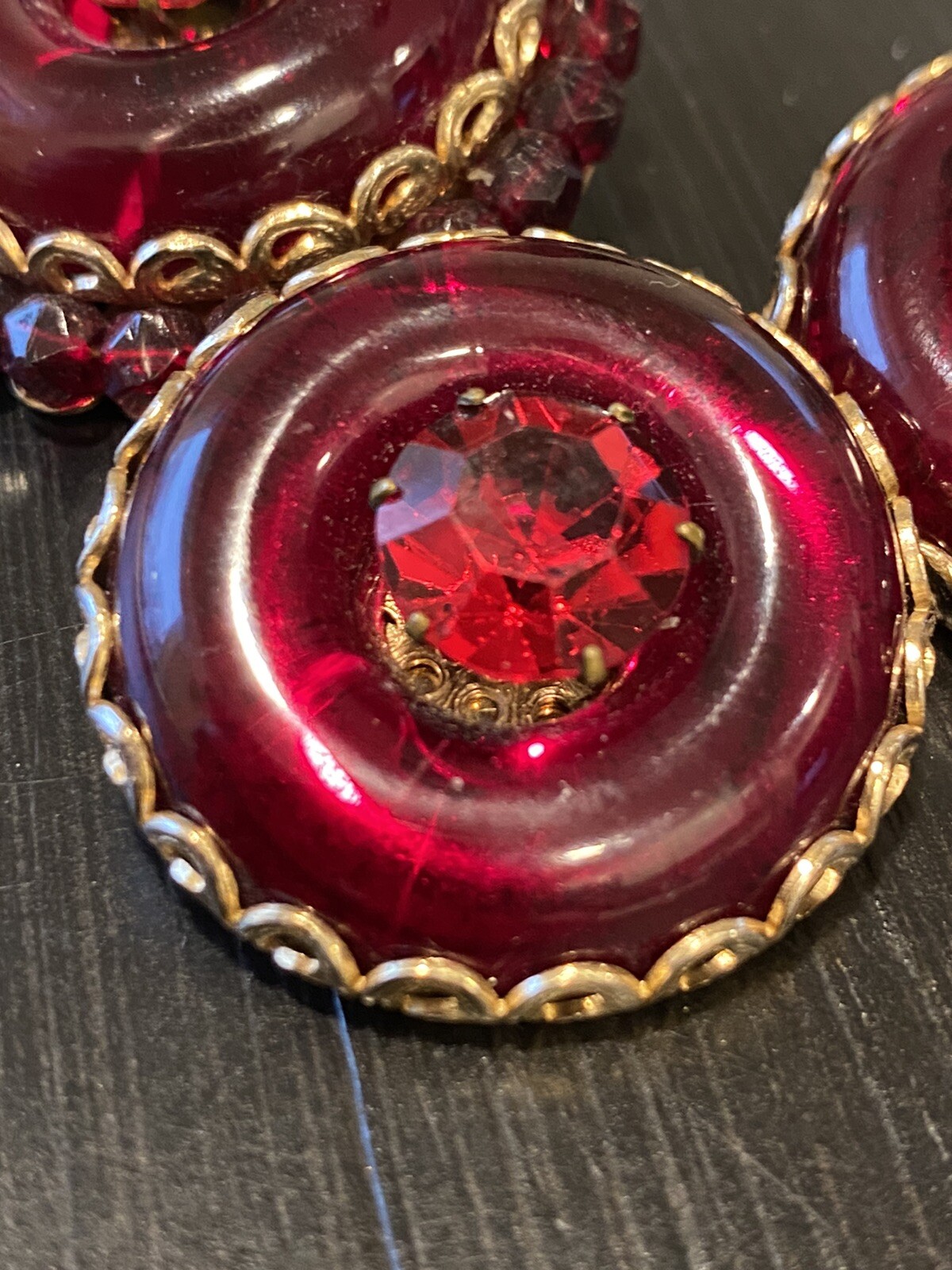Designer French Ruby Glass Earrings Pin Set incredible Mogul Poured