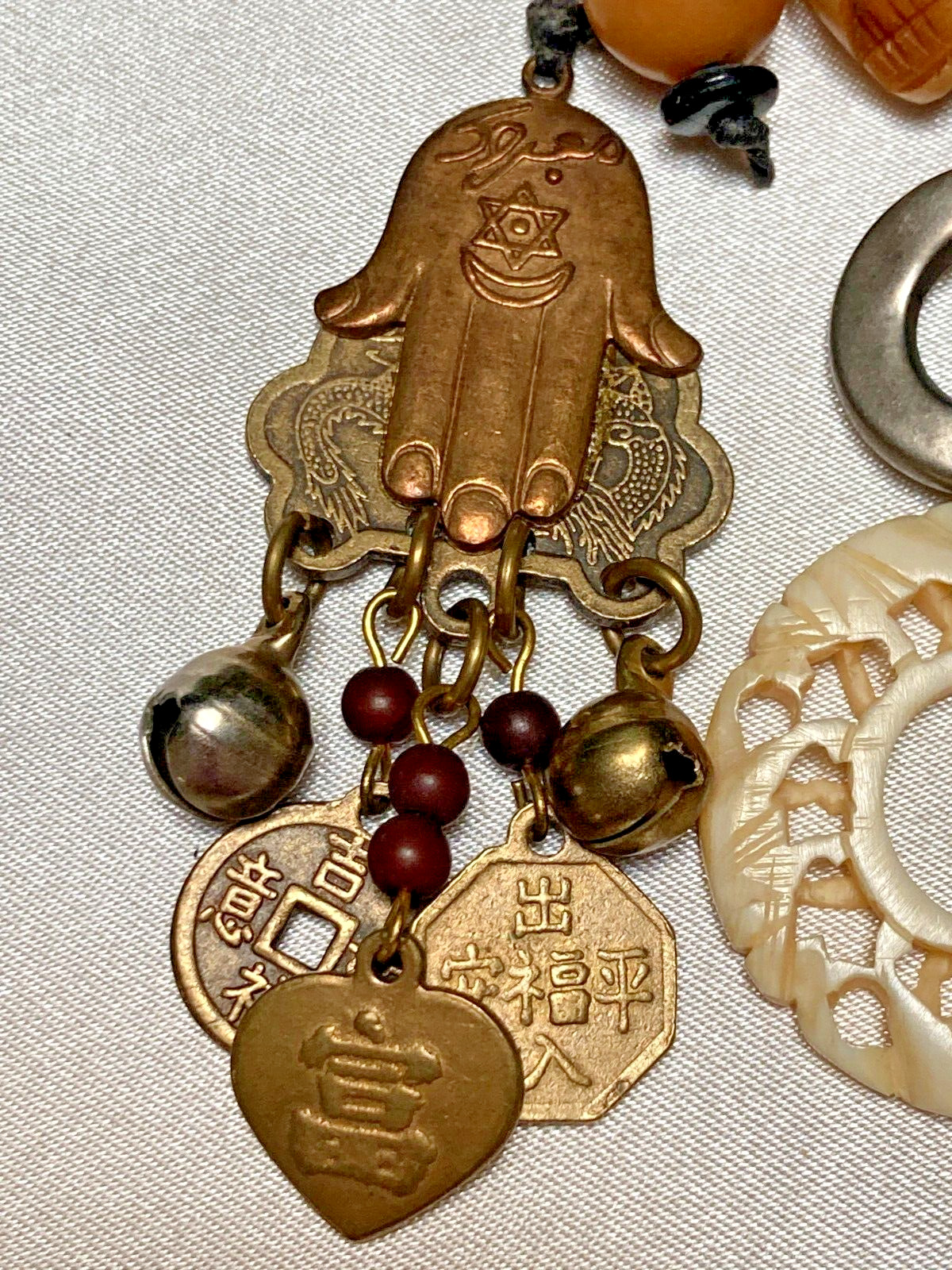 Unique Mismatched Asian-Themed Jingly Bell Charms Fashion Clip Back Earrings Vtg