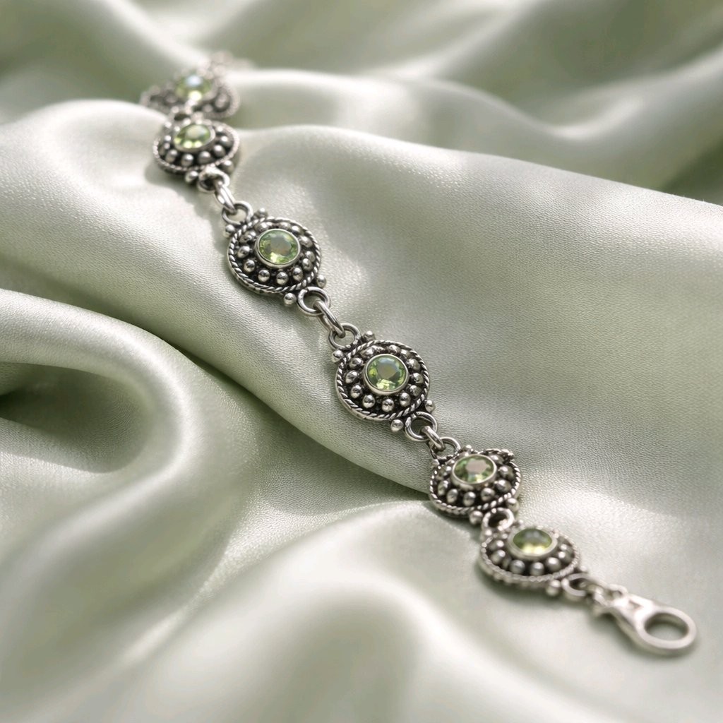 Peridot Bracelet Sterling Silver Bali Link Green Gemstone 925