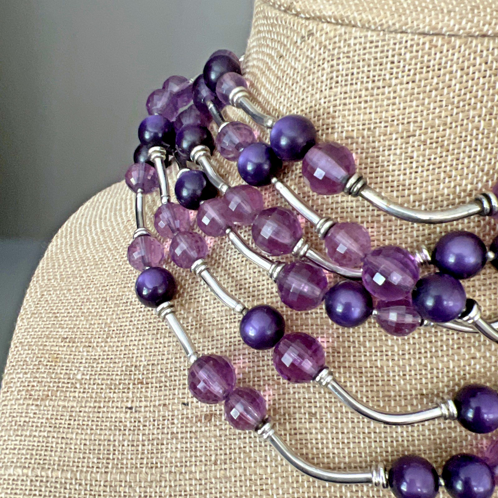 Vintage SIGNED DEMARIO AMETHYST & SILVER BEAD NECKLACE & EARRING SET / 6 STRAND