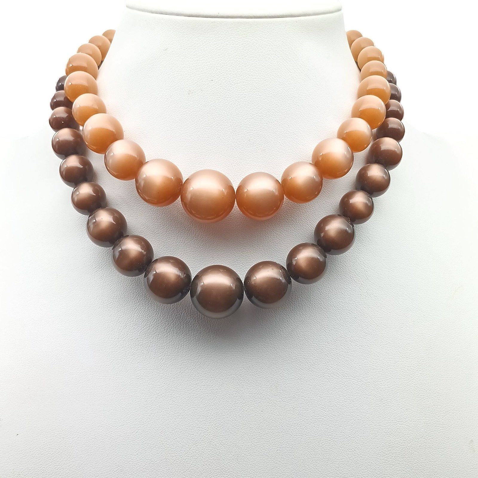 Vintage Two-Strand Brown & Peach Moonglow Beaded Necklace with Gold-Tone Clasp