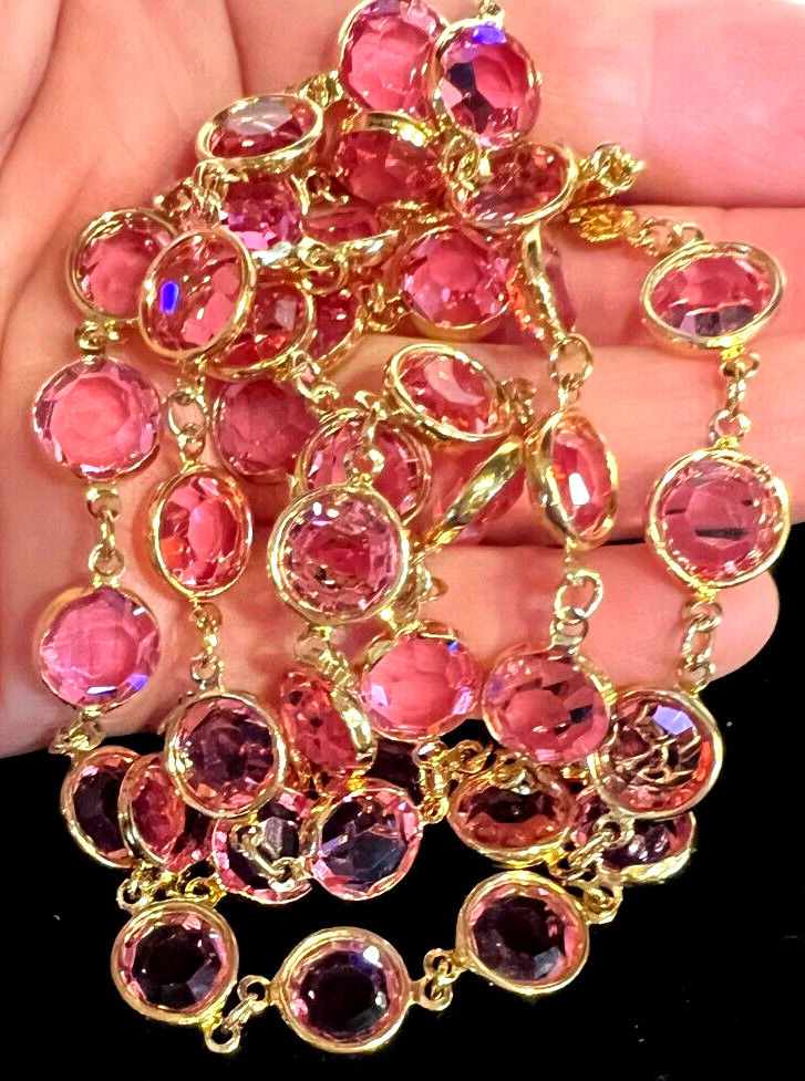 Vintage Pink AUSTRIAN Crystal USA Bezel Set 12 mm Crystals 36″ Long Necklace