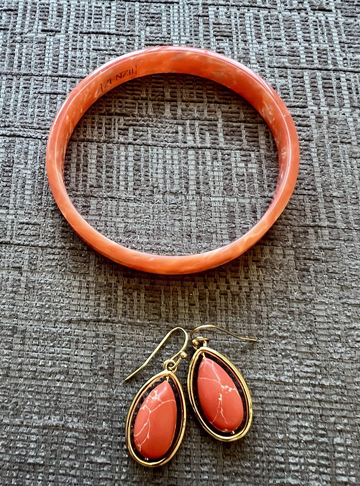 ZENZII Marble Resin Cuff Bangle & Gold Tone Orange Faux Coral Earring Set