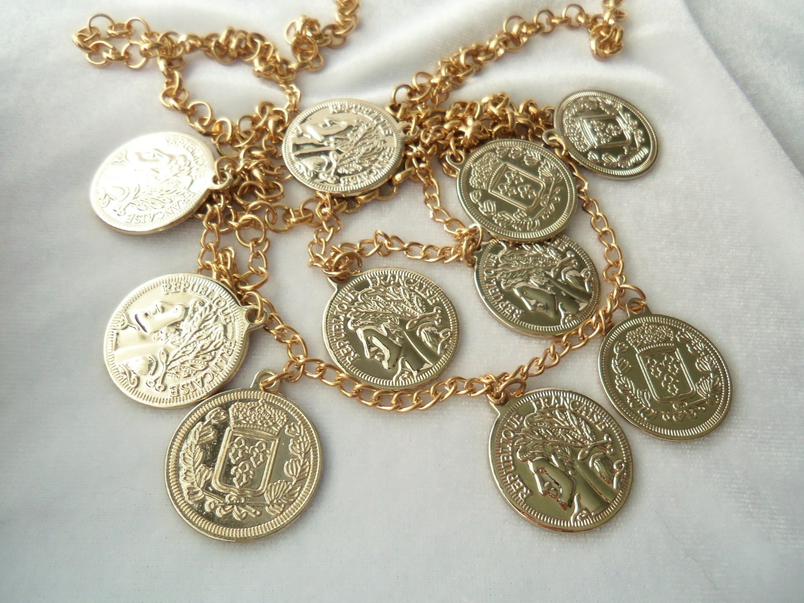 Vintage Gold Tone Double Chain Faux Coin Fringe Necklace