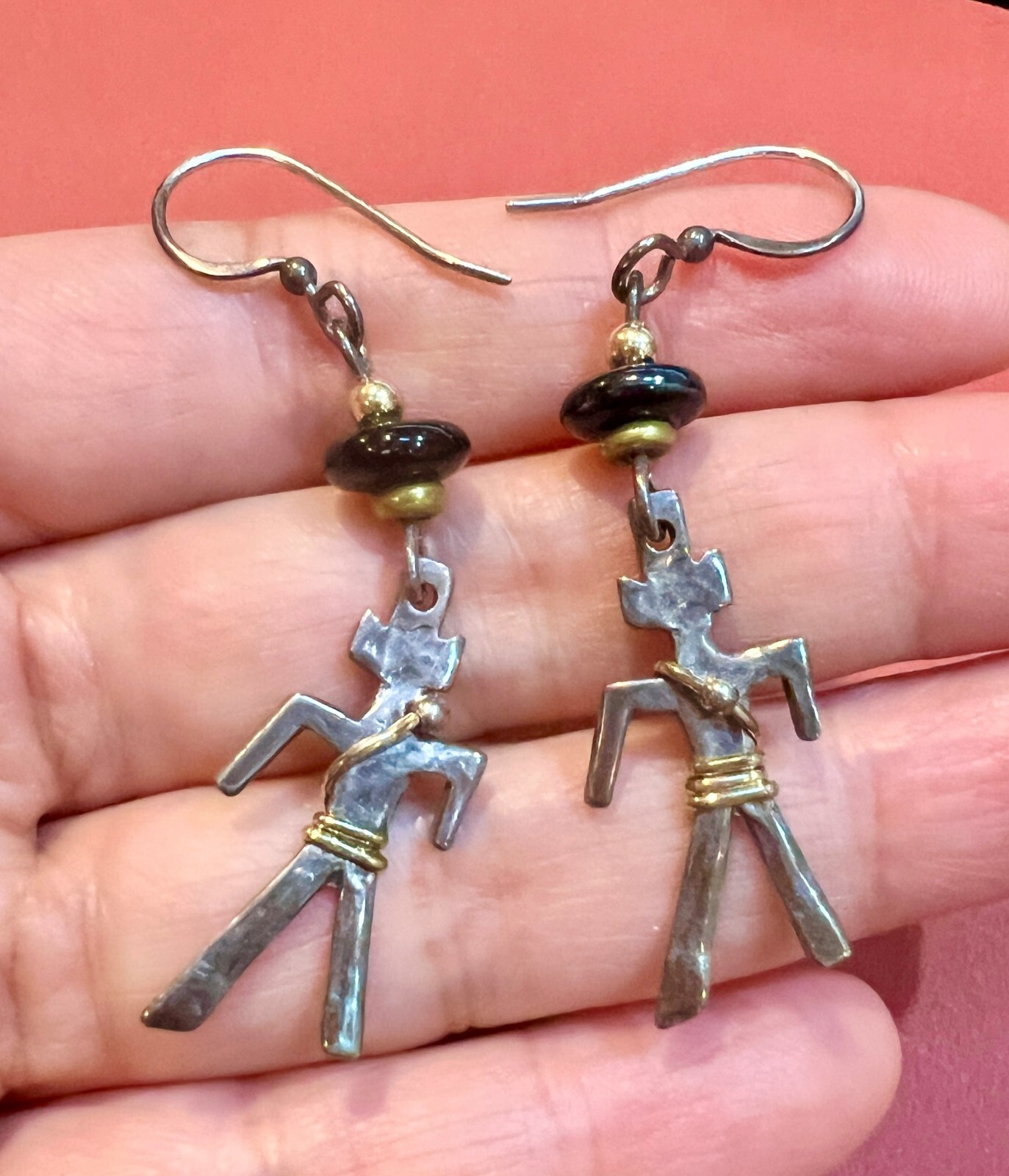 Artisan Handcrafted Sterling Silver Person Figural Brooch and Earrings Dangling
