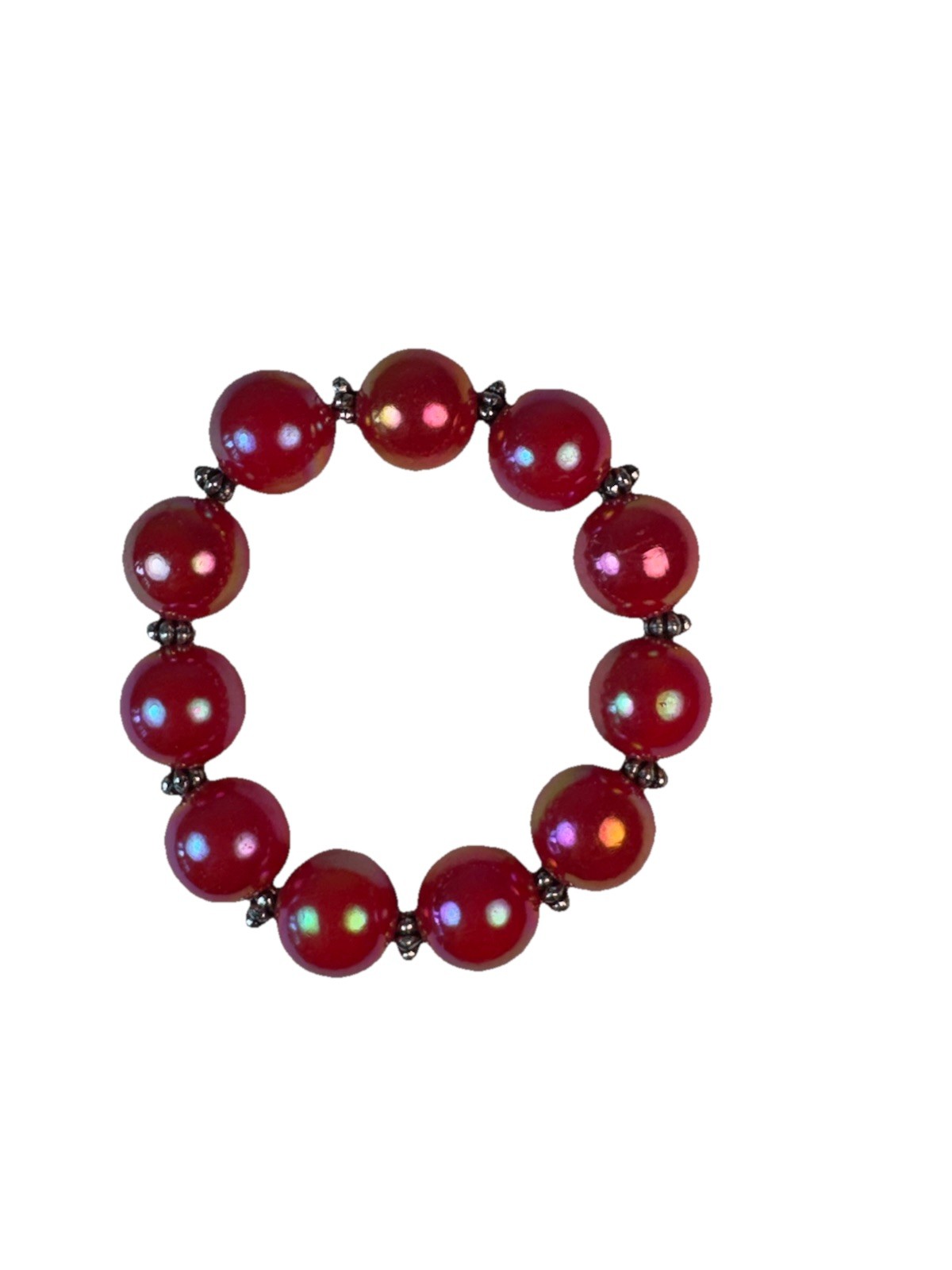 Vintage Chunky Iridescent Red Beaded Stretch Bracelet Silver Tone Spacer Boho