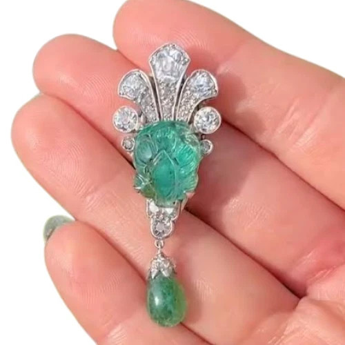 Carved Syn Emerald Dangle Brooch 925 Sterling Silver Handmade Auction Jewellery