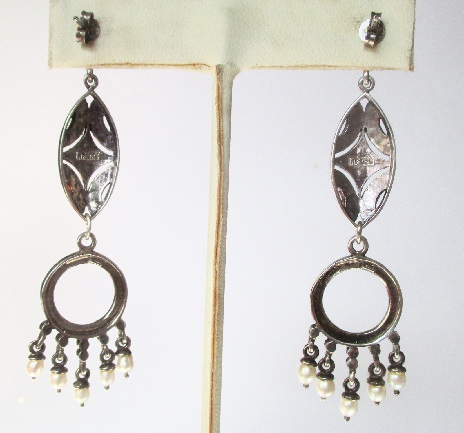 Pair of Vintage Sterling Silver & Marcasite Earrings With Pearls/Boho/Hippie/