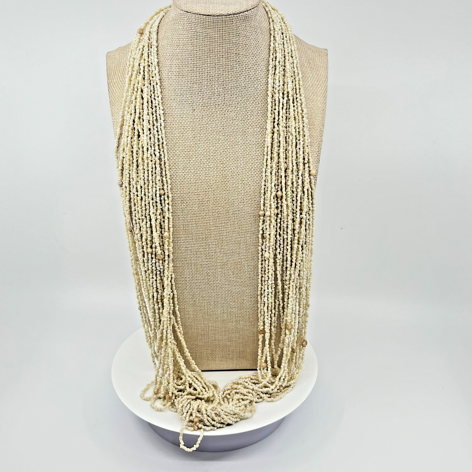 Vintage Multi-Strand Cream Seed Bead Statement Necklace Classic Style Lobster