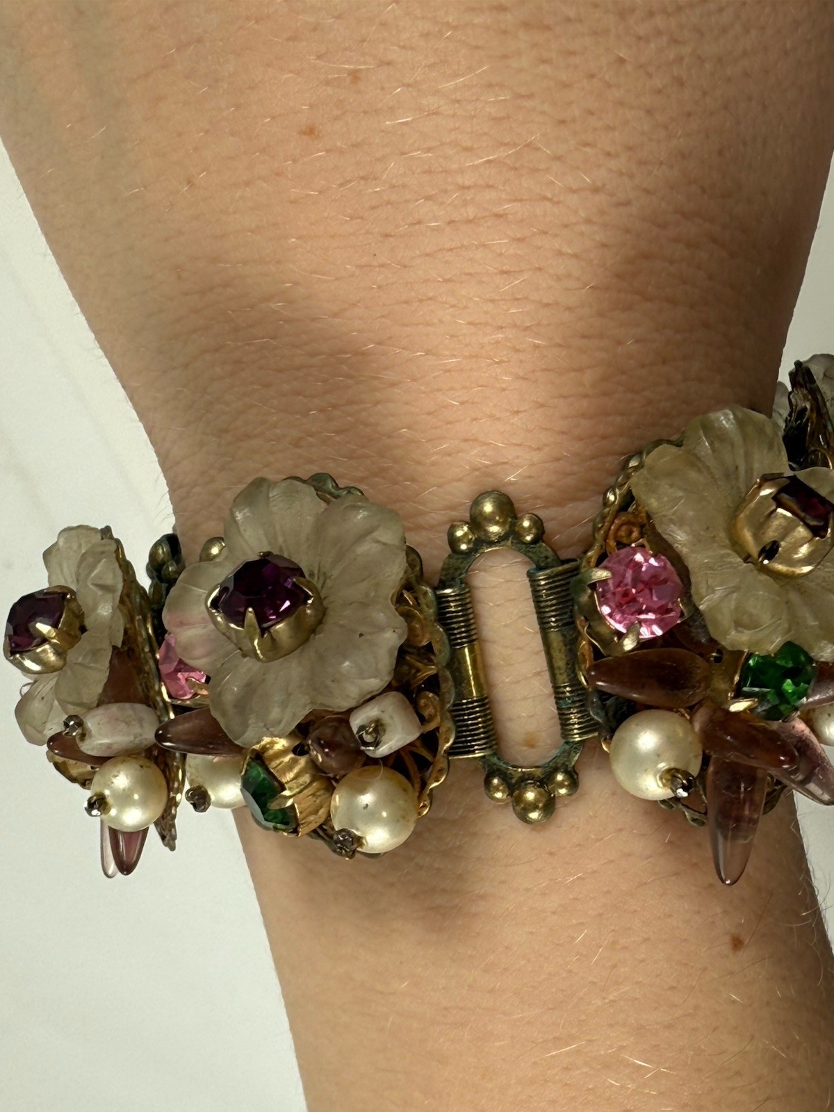 Antique Flower Glass Beaded Rhinestone Panel Bracelet 7″ Chunky 3D Book Chain