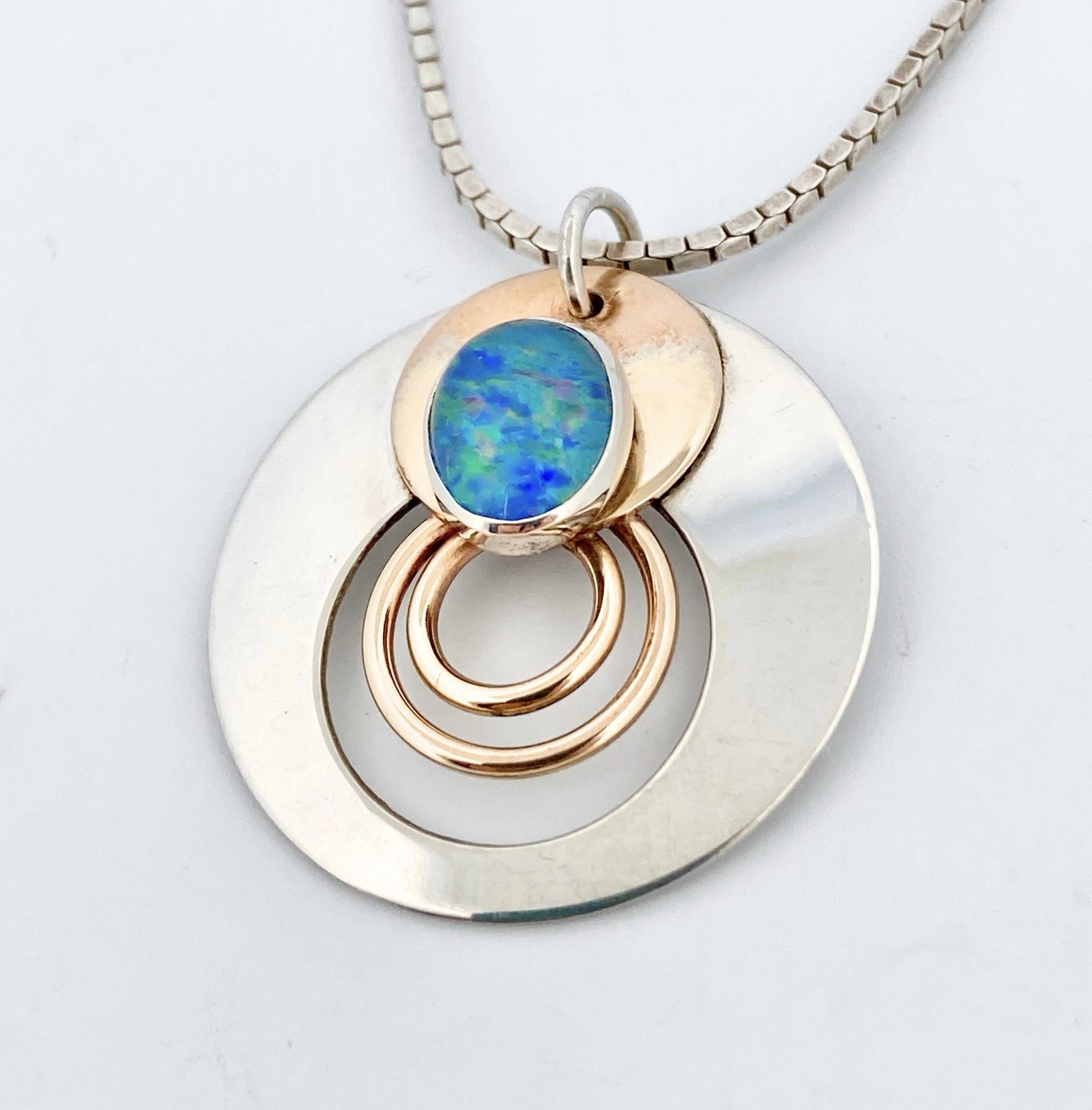 Vtg Modernist Silver Gold & Blue Opal Disc + Sterling Necklace – Diagonal Italy