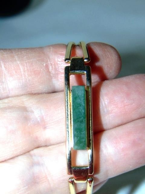 1978 AVON Gold Tone Modernist Bracelet, Clamper Clip Bangle, JADE Stone