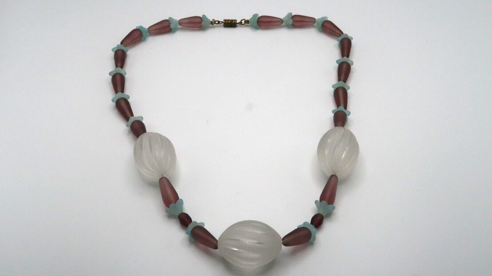 Antique Purple and Blue Glass Floral Bead Necklace Brass Clasp 17″ NB9