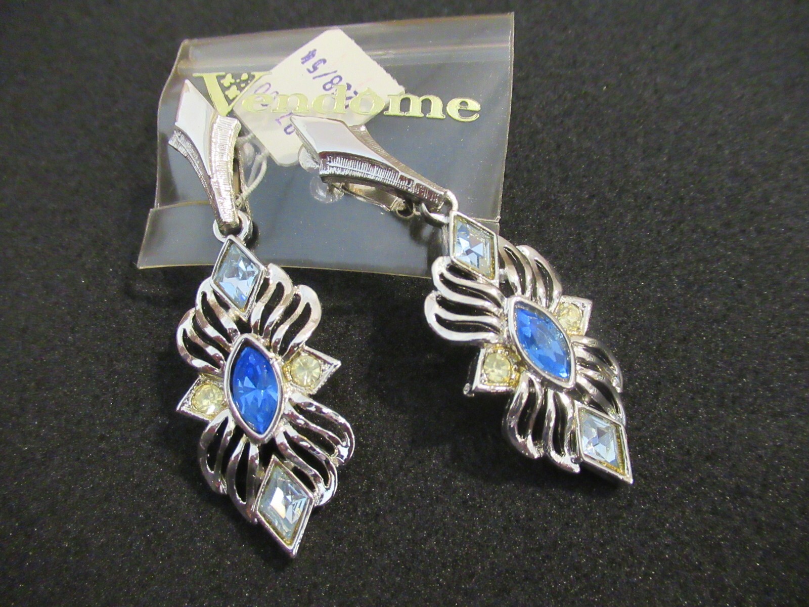 Vendome Silver Tone Rhinestone Earrings Signed Heavy Adjustable Clip on NOS