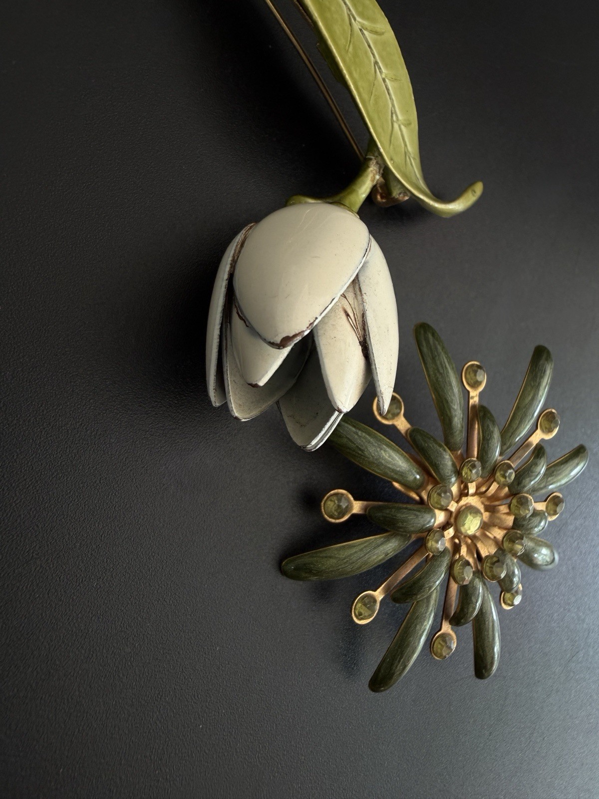 Vtg Flower Brooch Lot Green White Enamel Rhinestone Starburst Tulip Botanical