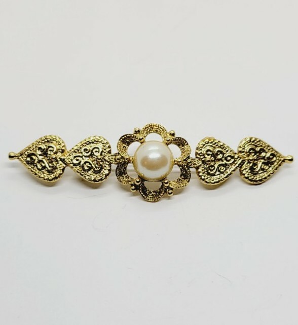 Victorian Faux Pearl Scrolled Hearts Floral Bar Brooch Gold Tone Vintage