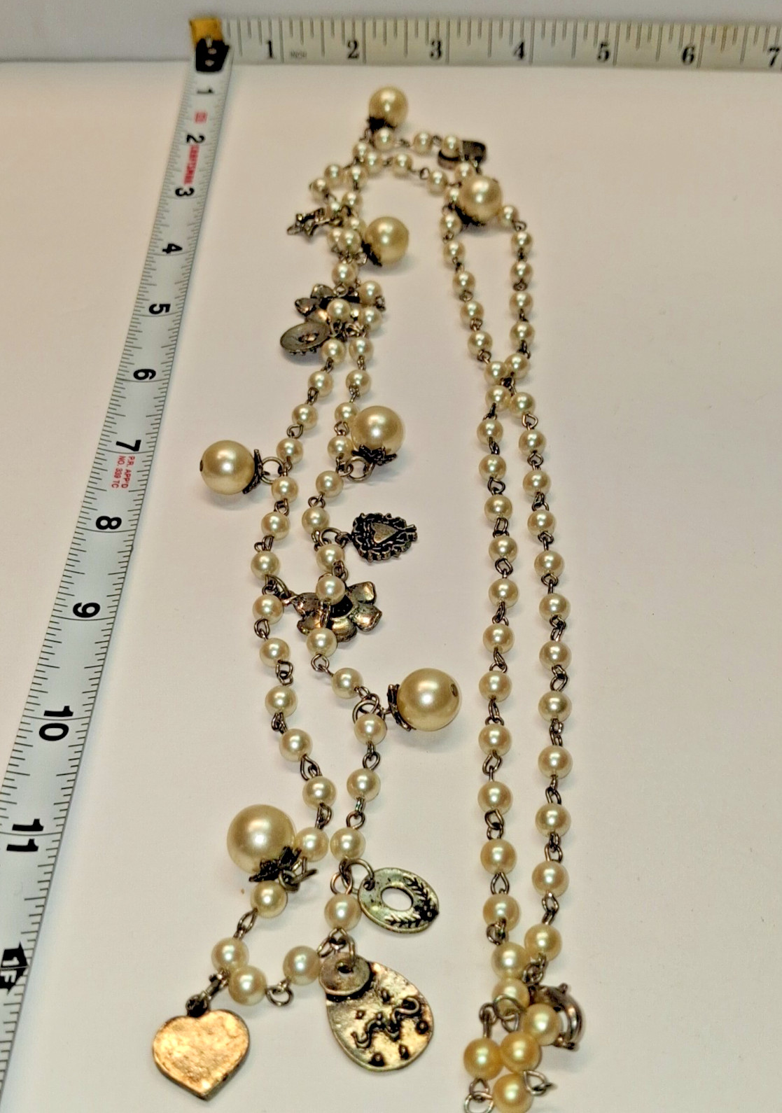 Long 26″ Vintage Silver Charm and Simulated Pearl Necklace Hearts,Flowers,Stars