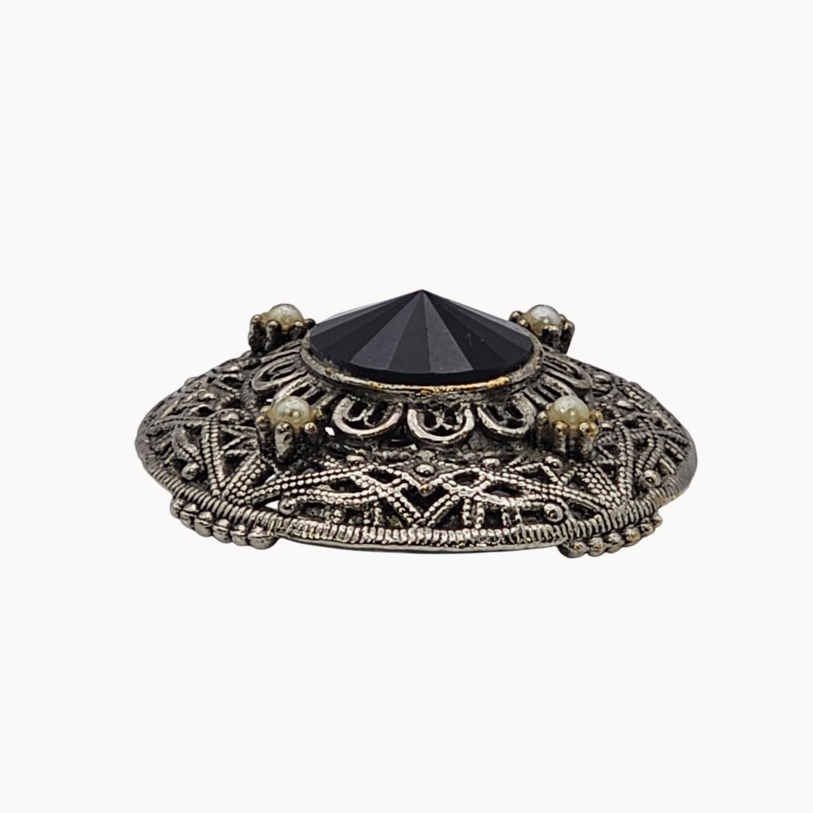 Vtg Tacoa Black Rivoli Filigree Brooch Silver Tone Victorian Revival Gothic Pin