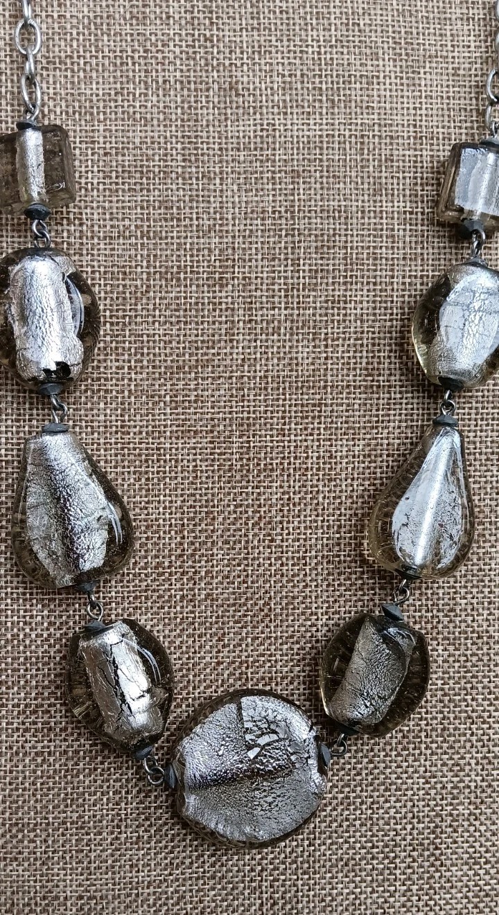 Vintage statement Necklace W/large Clear & Silver foil Beads In Different Shapes