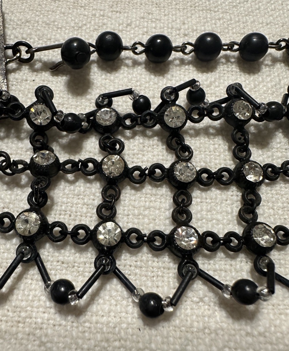 Miriam Haskell Necklace Black Clear Rhinestones Choker Bib Style Vtg MCM Old