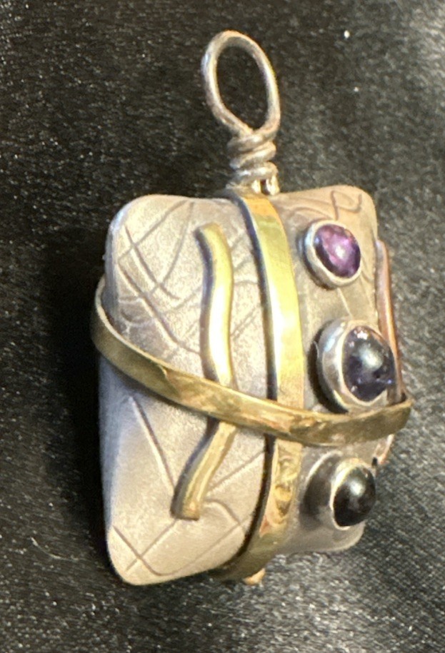 SMB Artesian Signed Sterling Silver, Multi-Metal & Gem 3-D Pendant 1”square