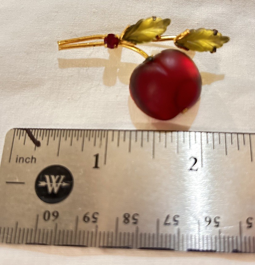 Vtg AUSTRIA Red Cherry Brooch Forbidden Fruit Frosted glass gold tone rhinestone