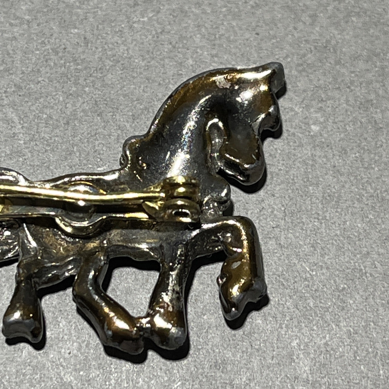 Horse & Carriage Brooch W/ Rhinestone Accent Rollover Safety Lapel Pin