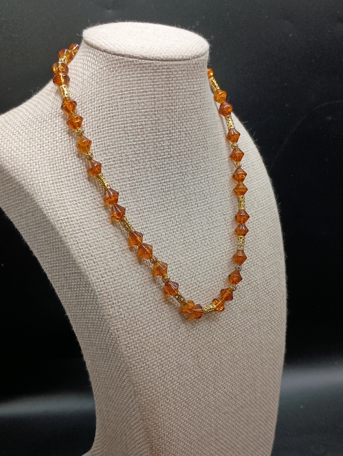 Vintage Orange Bicone Beaded Necklace Gold Tone Accents 22″