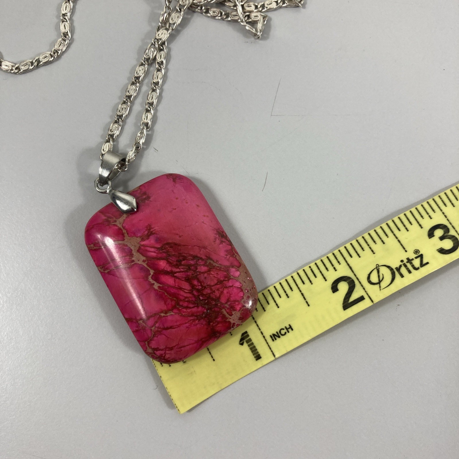 Polished Pink Stone Pendant 2.5″ Rounded Rectangle 19″ Silvertone Chain Necklace