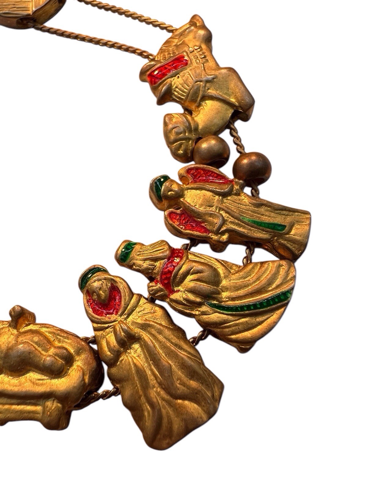 Christmas Nativity Gold-Tone Enamel Charm Slide Bracelet Signed Two Sisters WB