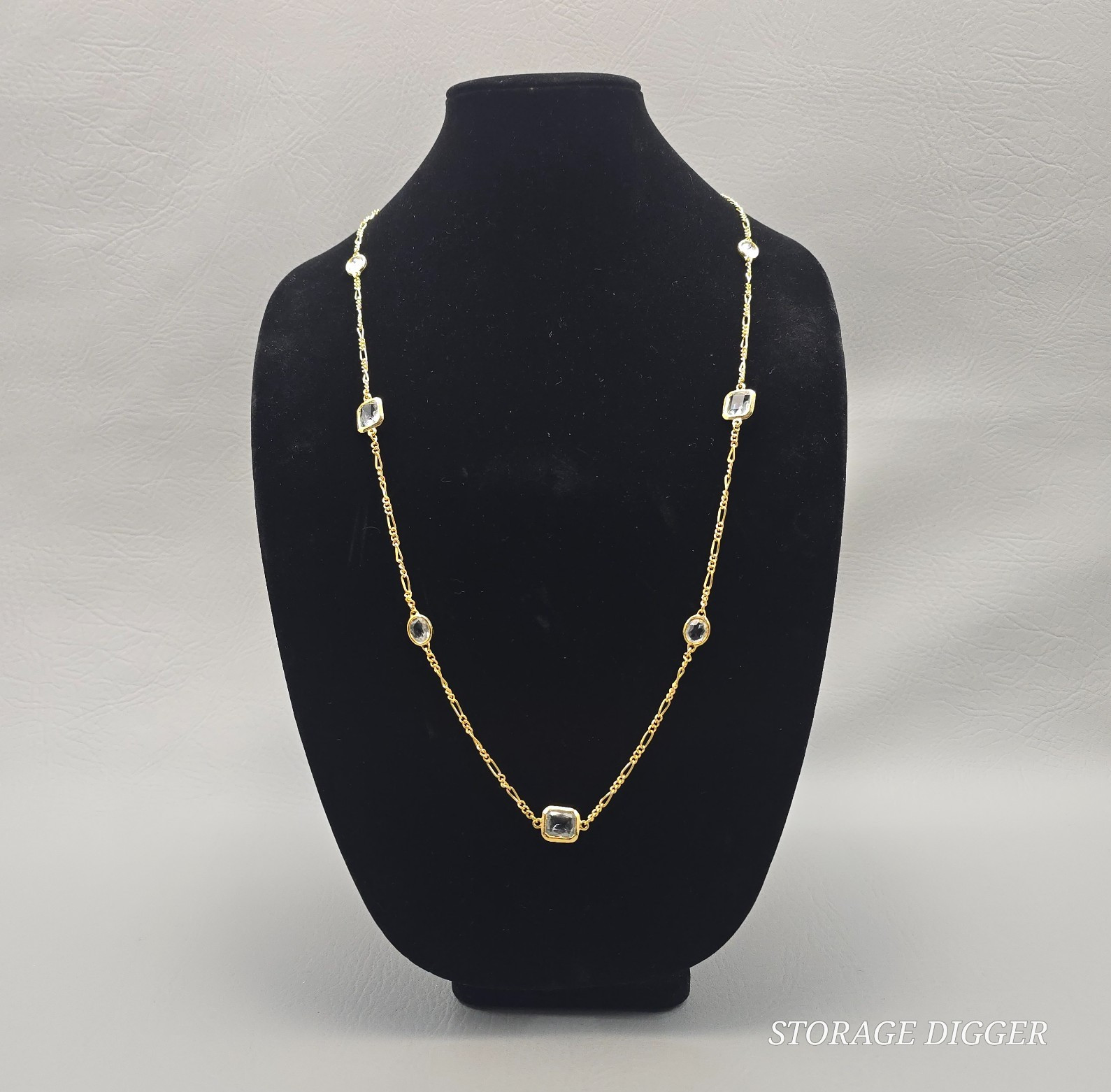 VTG Clear Crystal Bezel Gold Tone Metal Bar Link Chain Station Necklace 35″ Long