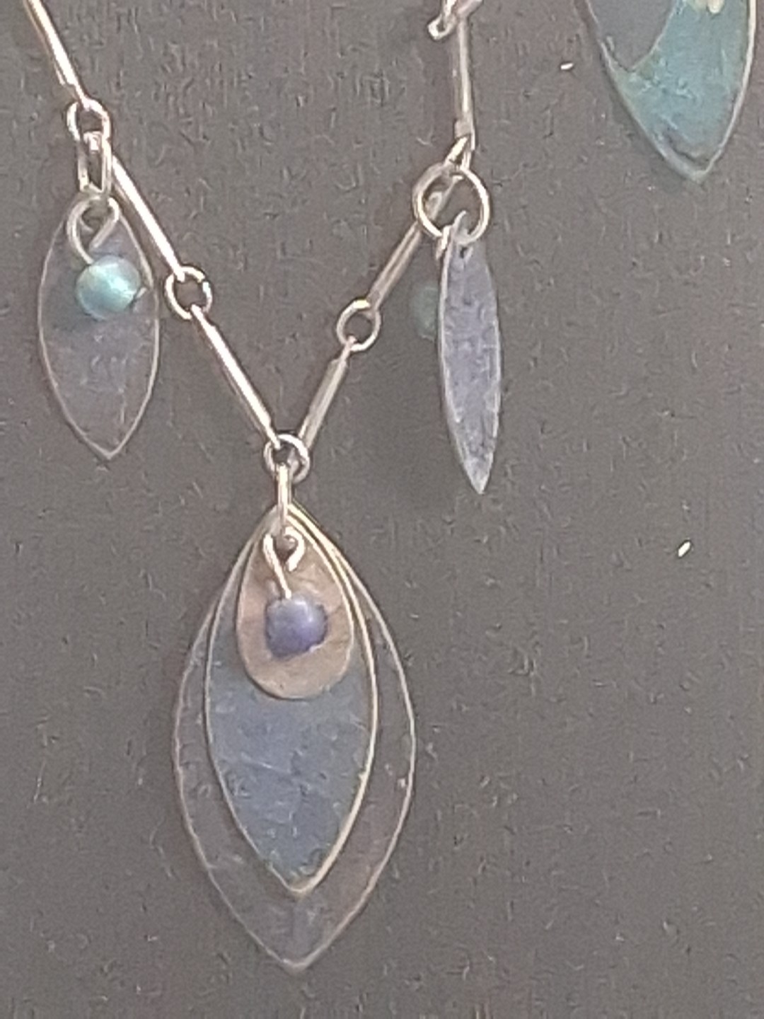 Vintage Niobium Teal & Blue Leaf Charm Station Necklace Bohemian Modernist…